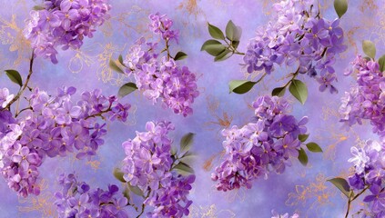 Obraz premium Delicate purple blossoms with golden tendrils on a lavender textured background