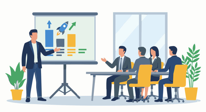 &ldquo;Startup founder presenting a business pitch to investors, presentation screen with charts and growth icons, conference room simplified, flat vector illustration