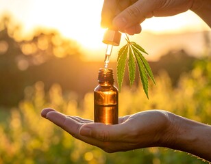Hands holding dropper, amber bottle, cannabis leaf against a golden sunset background