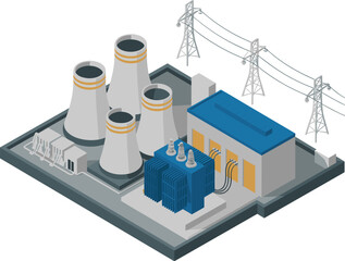 Isometric power plant facility with cooling towers transformers and transmission lines, electricity generation infrastructure, industrial energy illustration