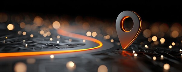 Futuristic map pin with glowing orange path on dark background