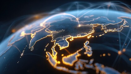 Glowing global network overlays a dim planet, connecting regions