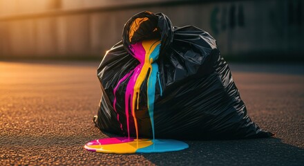 A black trash bag overflowing with vibrant paint, creating a colorful spill on pavement