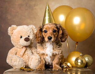 Puppy in party hat sitting next to teddy bear and balloons