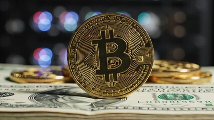 Golden Bitcoin cryptocurrency coin standing upright on a stack of US dollar bills symbolizing the convergence of traditional finance and the digital economy representing investment wealth and the fut.
