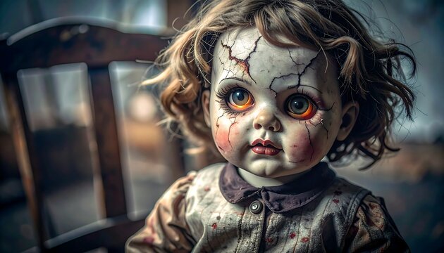 Creepy doll with cracked face sits on wooden chair