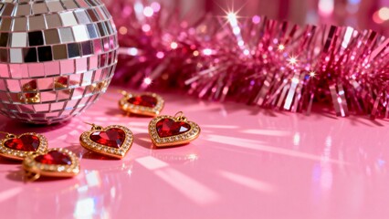 Heartshaped earrings and disco ball on pink surface