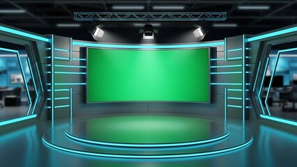 Futuristic High-Tech News Studio with Green Screen, Advanced Lighting & Sleek Virtual Set Design for Broadcasting & Digital Media