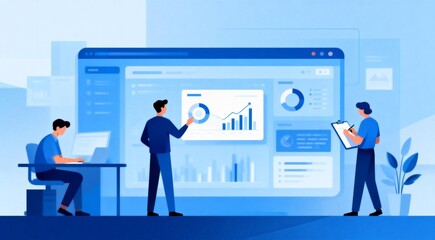 Three people analyzing data on a screen