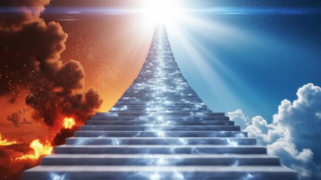 Apocalyptic scene with staircase leading to heaven with bright light and clouds on right and fire on left side