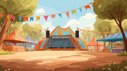 Colorful carnival scene with stage and tents in a festive outdoor setting