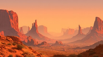Desert landscape with majestic rock formations under a vibrant orange sky