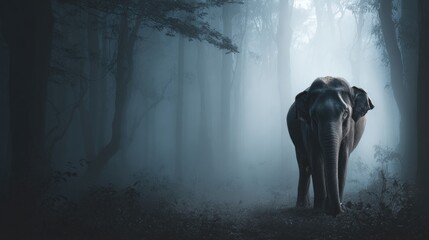 Elephant standing in a misty forest scene with atmospheric lighting and copy space