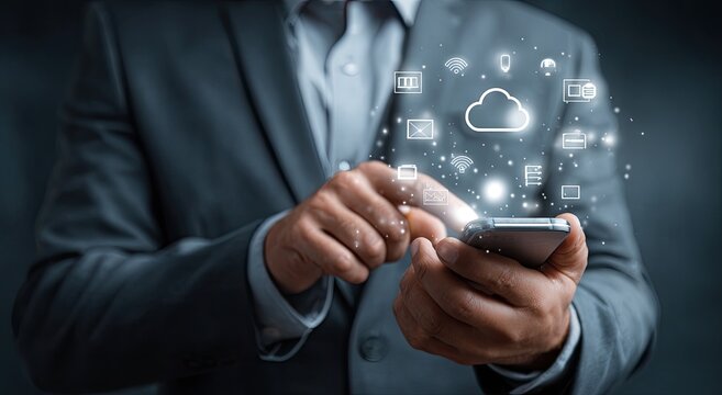 Businessman using smartphone, digital cloud and network icons float around - Powered by Adobe