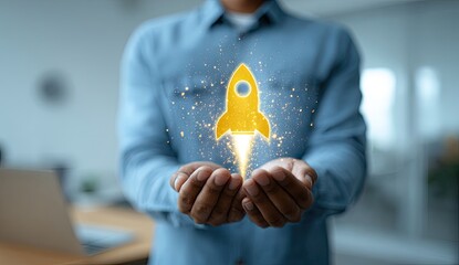 Person holding illuminated rocket in cupped hands, symbolizing growth