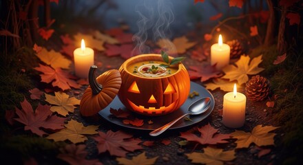 A carved pumpkin filled with steaming soup, surrounded by candles, leaves, and a forest backdrop
