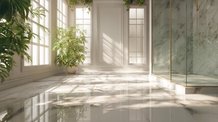 Bright interior with large windows and indoor plants natural sunlight