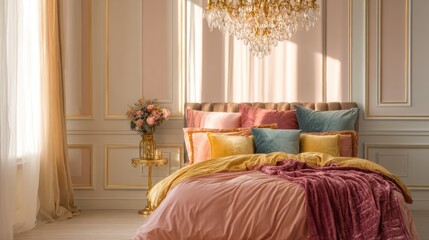 Elegant bedroom interior featuring bed with decorative pillows and chandelier