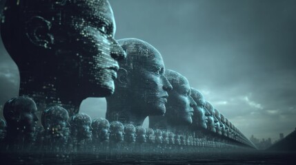 Abstract illustration of human heads in a row representing artificial intelligence