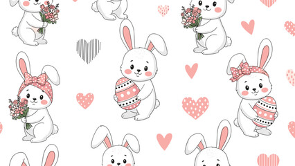 Obraz premium A cute and seamless pattern for children featuring adorable white bunnies with pink bows, Easter eggs, and hearts on a white background.