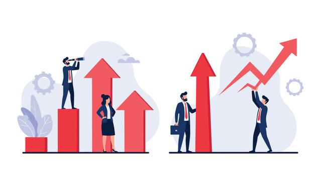 Business people working together to achieve growth, with characters standing on bar charts, using a telescope, and raising a graph arrow.