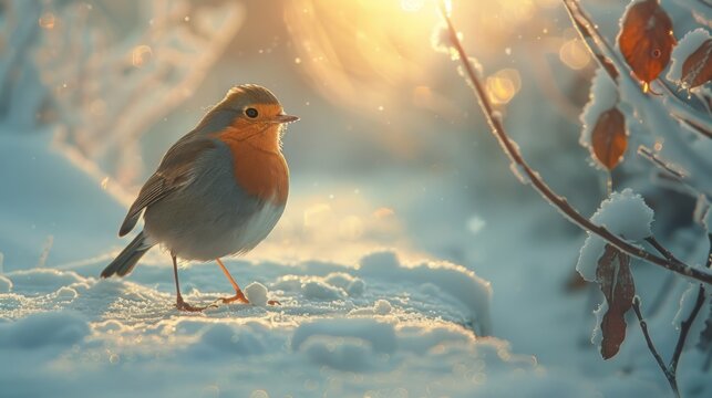 Winter Bird European Robin Standing on Snow in Golden Morning Sunlight - Powered by Adobe
