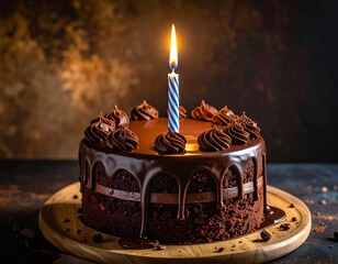 Rich, dark chocolate cake, single candle, wooden board