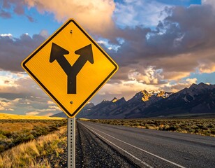 Road sign indicating a fork, with mountains in the background