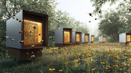 An automated apiary, with sleek, minimalist beehives monitored by micro-drones and sensors, data streams visualizing the health and activity of the colony, high-tech agriculture. -