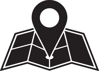 Black and white location pin icon on folded map illustration for navigation