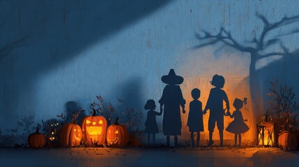 Family silhouette with pumpkins and lanterns halloween night scene
