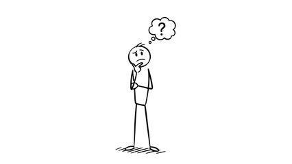 Confused Stick Figure Man Pondering with a Question Mark Thought Bubble on an Isolated White Background