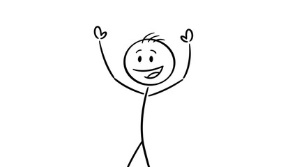 Enthusiastic Stick Figure Man Cheering with Arms Raised High in Celebration on an Isolated White Background