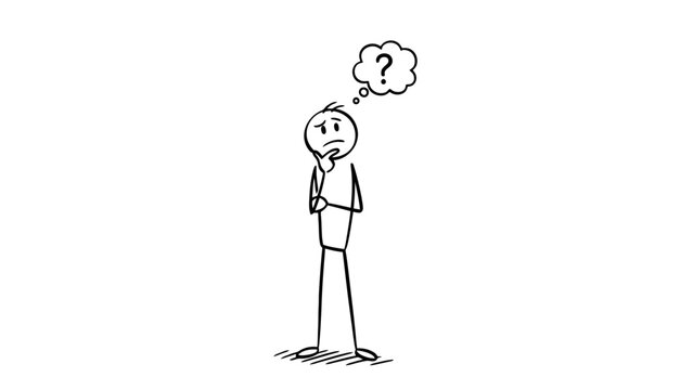 Confused Stick Figure Man Pondering with a Question Mark Thought Bubble on an Isolated White Background