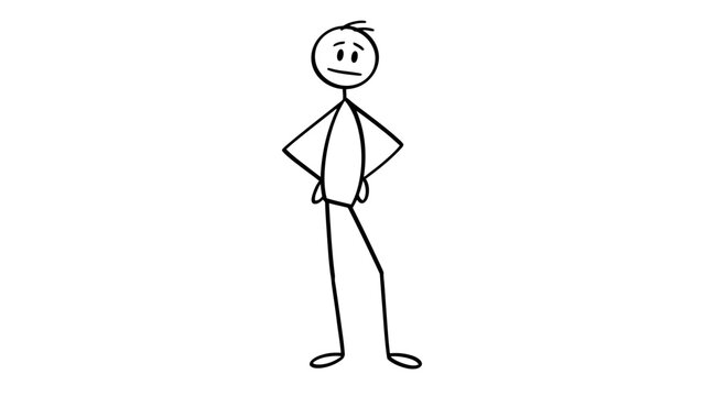 Thoughtful Stick Figure Man Standing with Hands on Hips and a Questioning Expression on an Isolated White Background