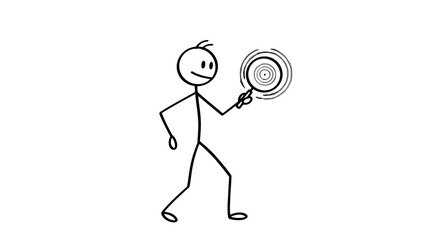 Stick Figure Man Holding Hypnotic Spiral Disc and Hypnotizing on Isolated White Background
