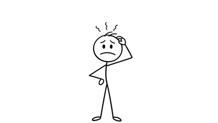 Stressed Stick Figure Man Thinking and Scratching Head with Confusion on Isolated White Background