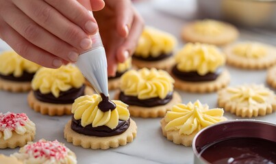 chocolate-covered cookies being sandwiched between two layers of yellow and white icing in small cookie tins, with one hand holding the tip of a precision piping bag tube