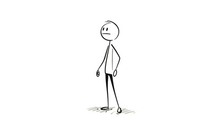 Stern Stick Figure Man Standing with Hands on Hips and Observing on Isolated White Background