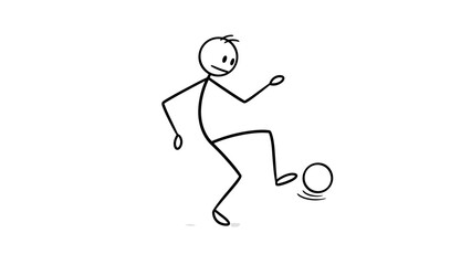 Stick Figure Man Playing Football and Dribbling Soccer Ball on Isolated White Background