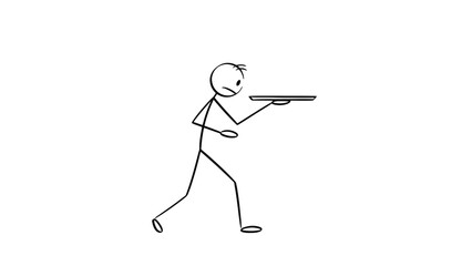 Stick Figure Man Serving or Presenting Something on an Empty Tray with a Neutral Expression on an Isolated White Background