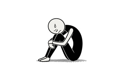 Deeply Sad Stick Figure Crying and Sitting Hunched Over, Expressing Despair and Sorrow, on an Isolated White Background