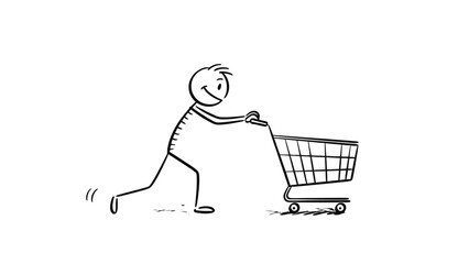 Stick Figure Man Pushing an Empty Shopping Cart with Purpose on an Isolated White Background