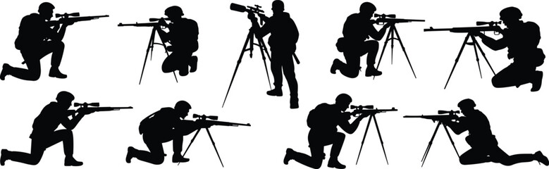 Silhouettes, tactical shooter poses, rifle tripod stances, sniper training, military shooting positions, precision aiming, kneeling, standing, crouching © Md