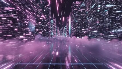Futuristic cityscape with neon lights and purple hues in motion blur effect