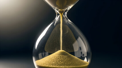 Close-up of an hourglass with sand flowing through, symbolizing the passage of time and urgency