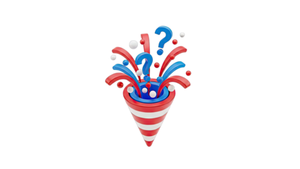 3D Party Popper Exploding with Question Marks and Spheres