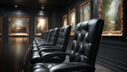 Luxurious room with row of tufted leather chairs facing framed artworks