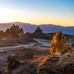 Rocky, sunlit desert landscape with dramatic rock formations