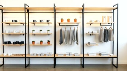 Modern minimalist store display with various products